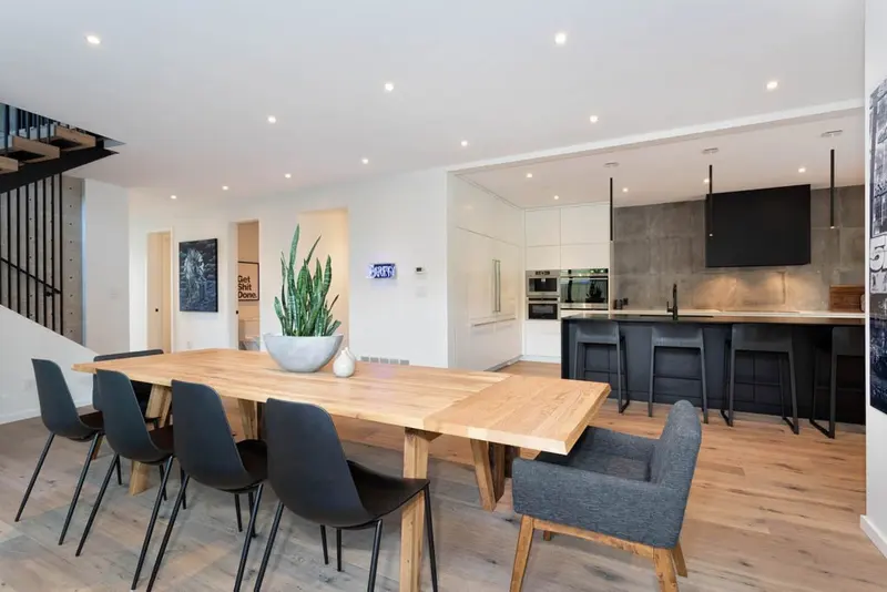 Pinewood dining and kitchen with custom millwork, Pemberton
