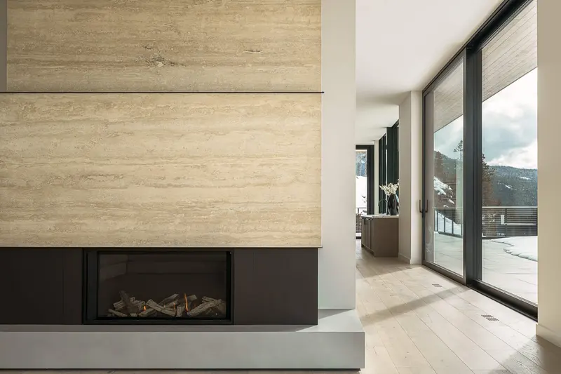 Warbler Way fireplace feature wall with stone and wood